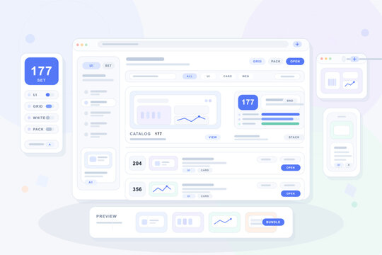 Modern flat design illustration of a user interface dashboard with various widgets, charts, and menu elements in a light color scheme, suitable for web or app design concepts.