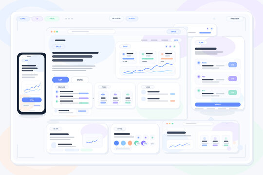 Modern flat illustration of a SaaS dashboard user interface kit showing various web and mobile UI components, charts, pricing tables, and analytics elements in pastel colors.