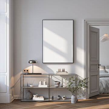 Modern Living Room Poster Frame Mockup with Natural Light and Minimalist Decoration. 3D render.