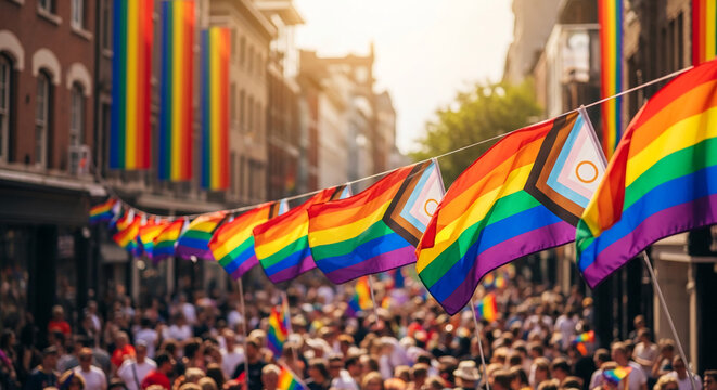 Exterior photo displays a street scene with rainbow and progress flags. It symbolizes a festival, celebration, equality and acceptance