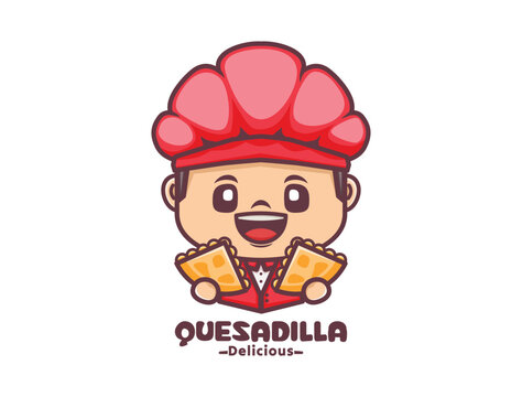 Chef mascot with quesadilla, culinary vector illustration