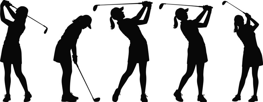 Golf player silhouette set, female golfer swing poses black vector collection isolated on white background, sport activity illustration design