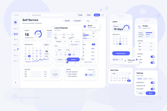 Modern user interface design for an employee self-service dashboard and mobile app, featuring leave requests, attendance tracking, profile management, and settings options in a clean, minimal style.