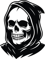 Fototapeta premium Grim Reaper skull in a dark hooded cloak a menacing black and white vector illustration for horror themes Halloween designs or tattoo art