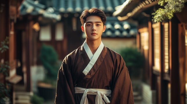 Korean Man in Traditional Hanbok Posing in a Historical Hanok Village Courtyard with Soft Golden Light Embodying Joseon Dynasty Culture and History