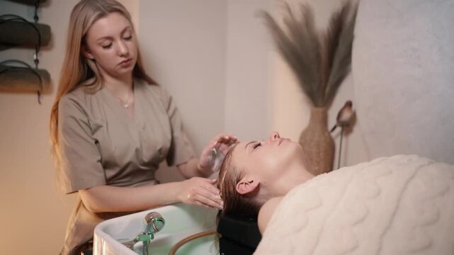 Beautician giving head massage to young woman during Japanese head spa in salon.
