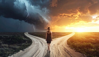 Obraz na płótnie Canvas A person standing at a crossroads with one path dark and stormy and the other bright and open under golden hour light, metaphor for life choices and courage 