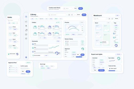 Modern user interface design concept for a creative asset library dashboard, featuring folders, moodboard, approval flow, export options, and data visualization elements.