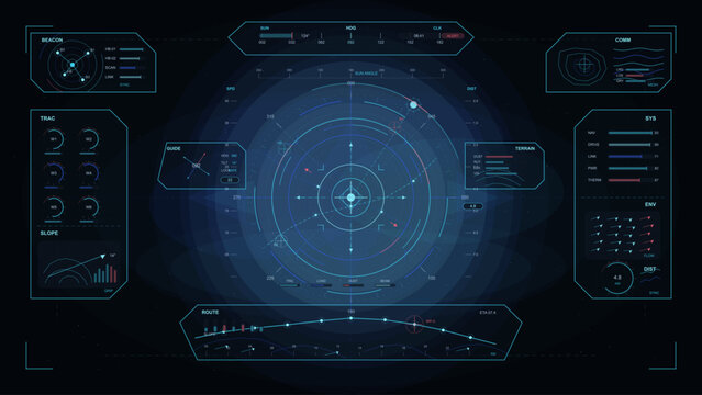 This shows a complex control panel with various indicators and graphs. It displays data related to navigation and tracking. The screen features multiple graphs and digital readouts.