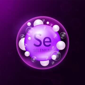 Atom molecular model of selenium minerals purple inside a transparent bubble on dark background. Essential supplement health. Science medical concept. Vector EPS10 illustration.