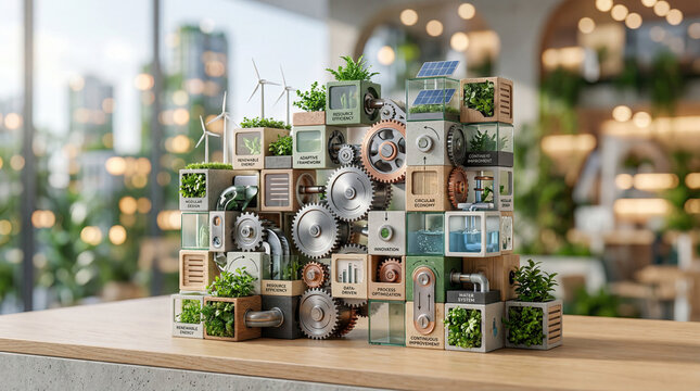 Staying adaptable sustainable growth risk management concept. Creative display of eco-friendly concepts using recycled materials.