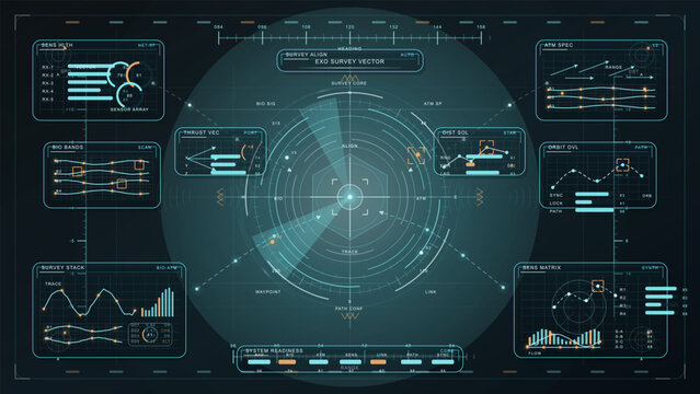 Futuristic digital dashboard interface with circular radar, data charts, graphs, and technical HUD elements in blue and orange on a dark background.