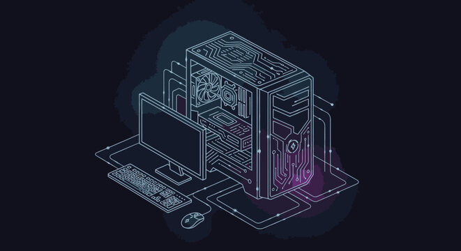 Isometric illustration of a computer system with connected components