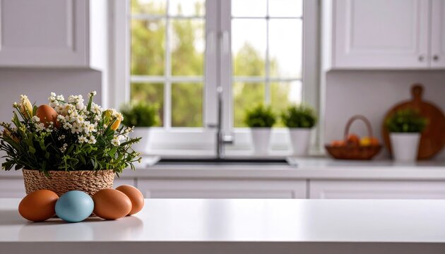 Easter eggs and spring flowers on white table over blurry kitchen window background 