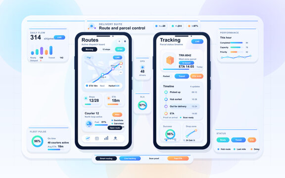 Modern dashboard interface showing route and parcel control with shipment tracking, delivery statistics, performance metrics, and real-time courier updates on mobile screens.