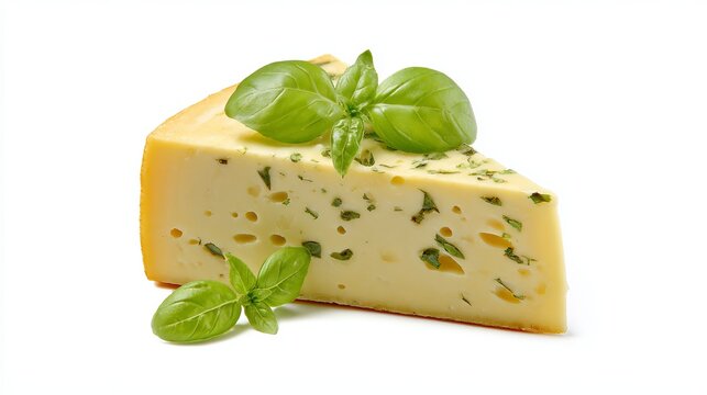 Swiss cheese wedge, with basil, sits alone on white.