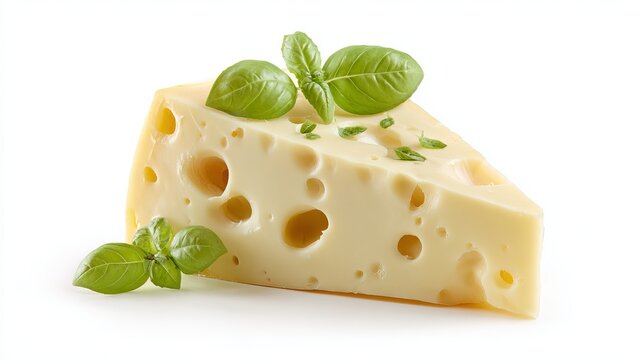 Swiss cheese wedge, with basil, sits alone on white.