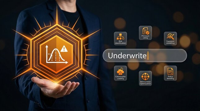 A businessman holding a glowing orange hexagon with a graph and underwrite symbol in a dark background with various icons