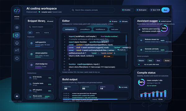 Futuristic AI-powered coding workspace interface featuring a code editor, snippet library, assistant suggestions, build output, and compile status with dark mode design.