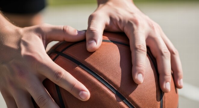 Close-up of hands gripping a basketball, ready for a crossover dribble