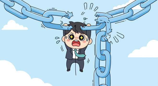 Cartoon character of a young girl in distress hanging from broken large metal chains in a bright sky scene