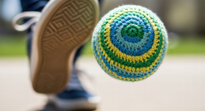 Close-up of a colorful hacky sack being kicked by a sneaker outdoors