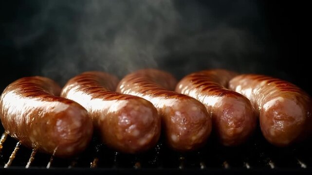 Grilled bratwurst sizzling on the barbecue during a festive celebration of Oktoberfest in Germany