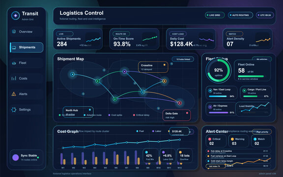Futuristic logistics control dashboard interface displaying shipment statistics, fleet status, cost graphs, alert center, and a dynamic shipment map with data visualizations.