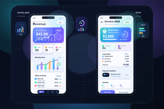 Modern UI kit design for a mobile invoicing and revenue tracking app, featuring two smartphone screens with colorful charts, payment details, and financial analytics.