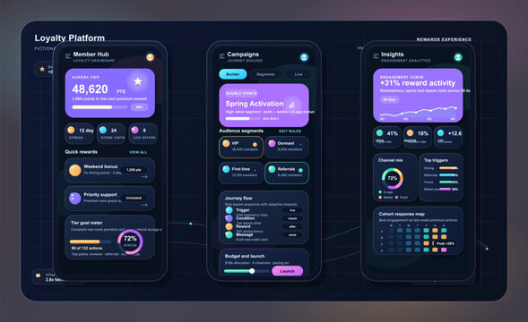Modern loyalty platform dashboard UI with three mobile screens displaying member rewards, campaign management, and engagement analytics in a dark theme.