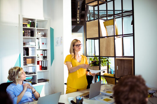 Businesswoman leading presentation in modern office