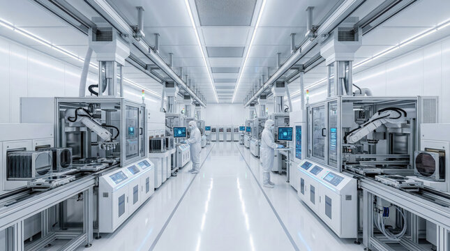 Semiconductor factory modern white production concept. Futuristic automated laboratory with robotic machinery
