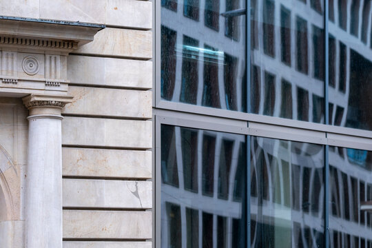 Facade study in Frankfurt Germany Bankenviertel captures modern architecture detail where glass reflection reveals texture of urban finance offices