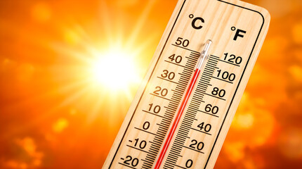 Obraz premium Thermometer showing high temperature against a bright, sunny sky, indicating a heatwave.