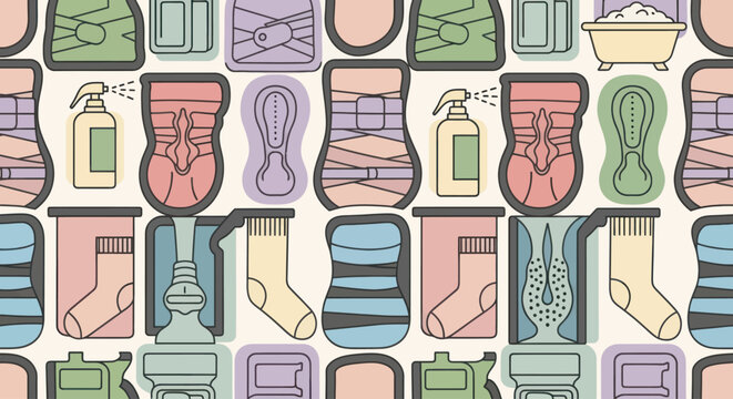 Colorful socks and foot care items.