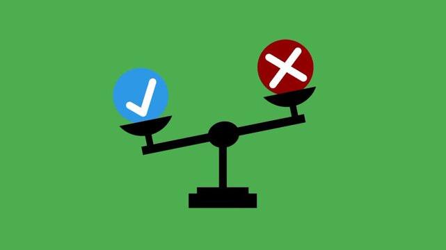 Decision making concept with checkmark and cross symbols on scale balance. Comparison and judgment idea