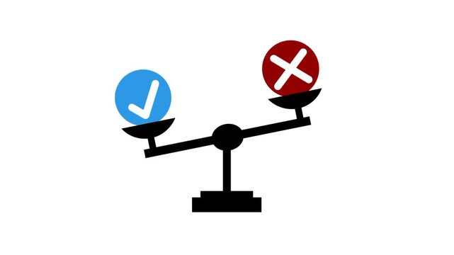 Decision making concept with checkmark and cross symbols on scale balance. Comparison and judgment idea