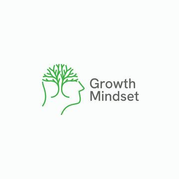 Growth mindset logo design concept. Abstract linear style of growth tree with human head brain mind symbol logo icon