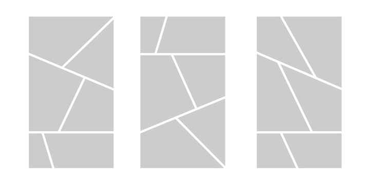 Image collage layout template. Grey mosaic mood board grid collection. Picture frame set. Photo album idea for banner, poster, comic page, flyer, brochure, booklet, memory wall design. Vector pack