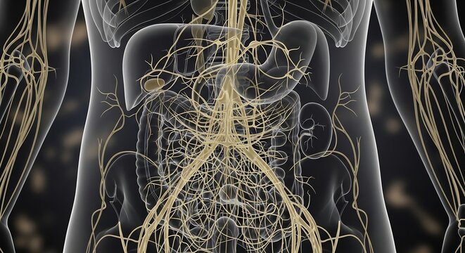 Detailed 3D Illustration of the Human Nervous System in the Abdomen.