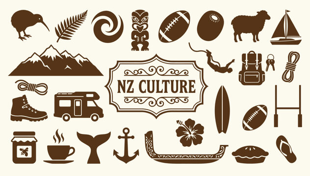 New Zealand icons set with culture landmarks wildlife and travel symbols vector
