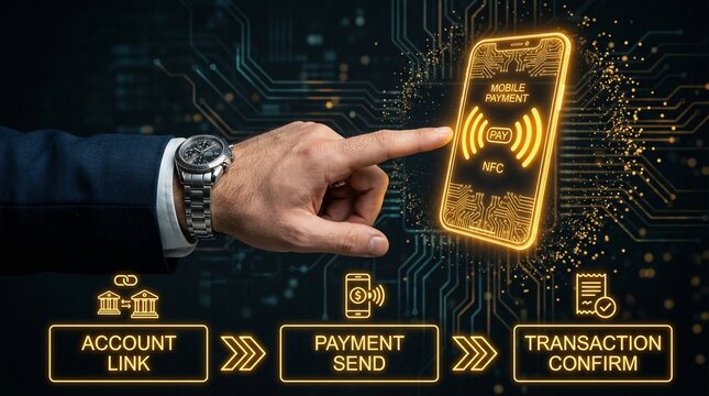 A hand in a business suit interacting with a mobile payment system on a smartphone screen with a circuit board background.