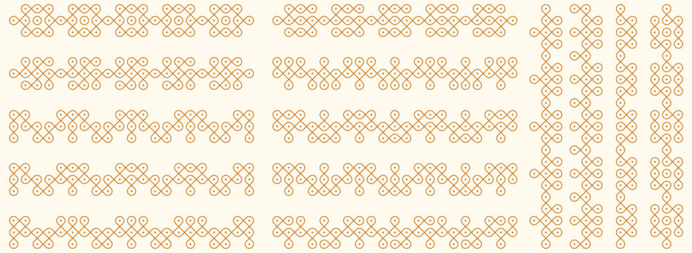 Set of pulli kolam geometric seamless editable pattern. Design for print, decor frame, package, banner, cards.