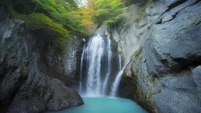 巨大な滝を望む大自然の野天風呂
