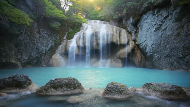 巨大な滝を望む大自然の野天風呂