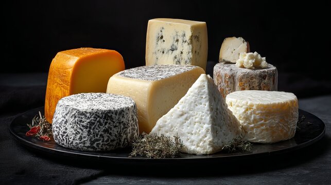 Craft cheeses are displayed on a platter against a black backdrop.