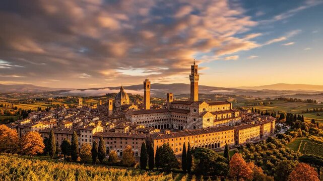 Spectacular panoramic vista of historic Siena city under dramatic cloudscape during idyllic autumn sunset in Tuscany Italy capturing scenic urban architecture with long exposure technique