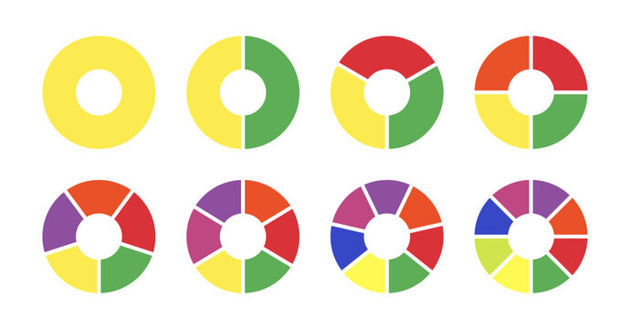 Multicoloured diagrams infographic. Circle section graph. Pie, pizza chart layout. Multicolored donut charts, pies segmented on from 1 to 8 equal parts. Wheels divided in sections. Loading bar mockup.