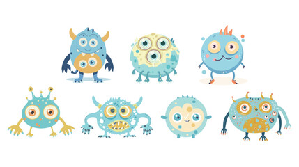 Fototapeta premium Playful round monster with three eyes and tiny legs sky blue cute cartoon character illustration whimsical creature design fun fantasy style