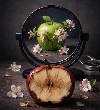 Rotten apple looking in mirror reflecting fresh green apple and spring blossoms
